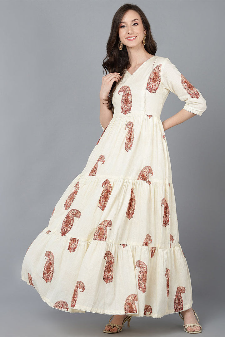 Cream Cotton Paisley Printed Long Tiered Dress