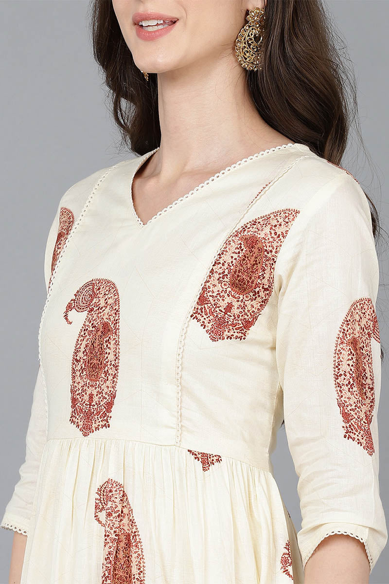 Cream Cotton Paisley Printed Long Tiered Dress