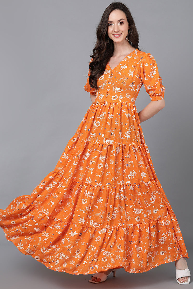 Orange Georgette Abstract Printed Sleeveless Midi Dress