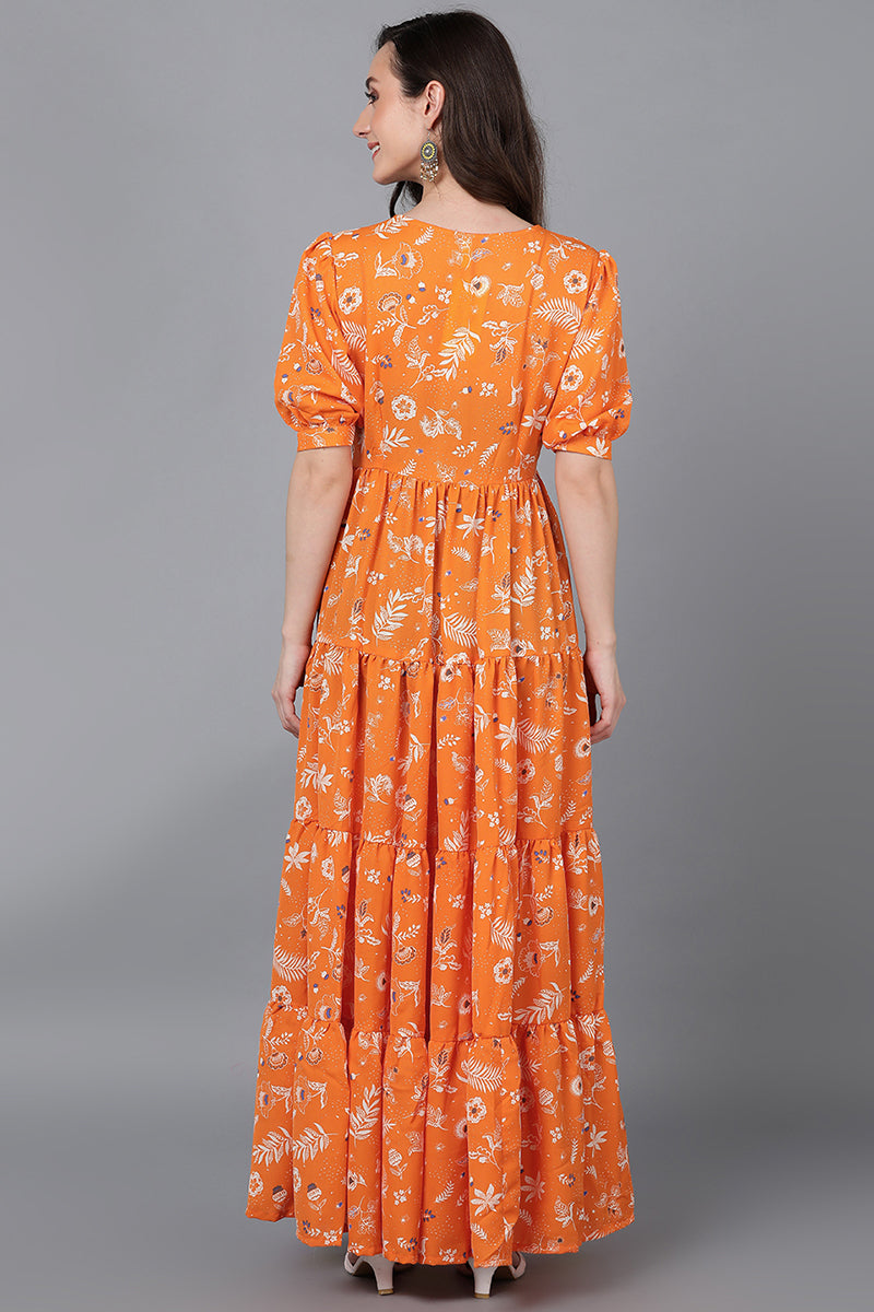 Orange Georgette Abstract Printed Sleeveless Midi Dress