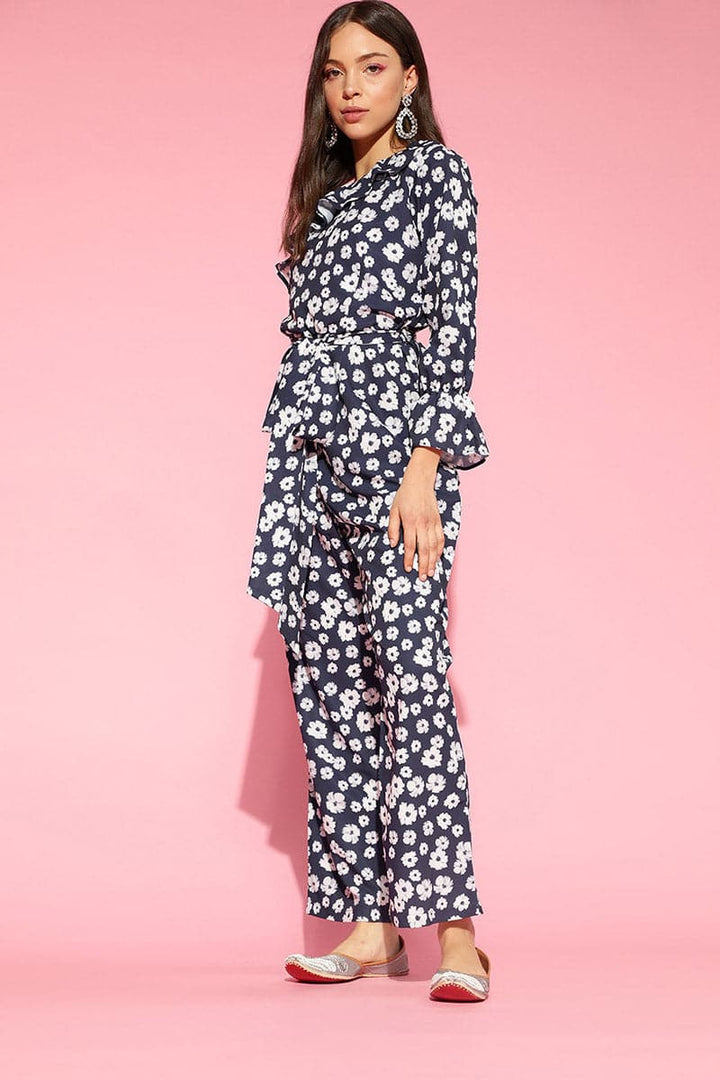 Navy Blue Polyester Floral Print One-Sleeve Jumpsuit