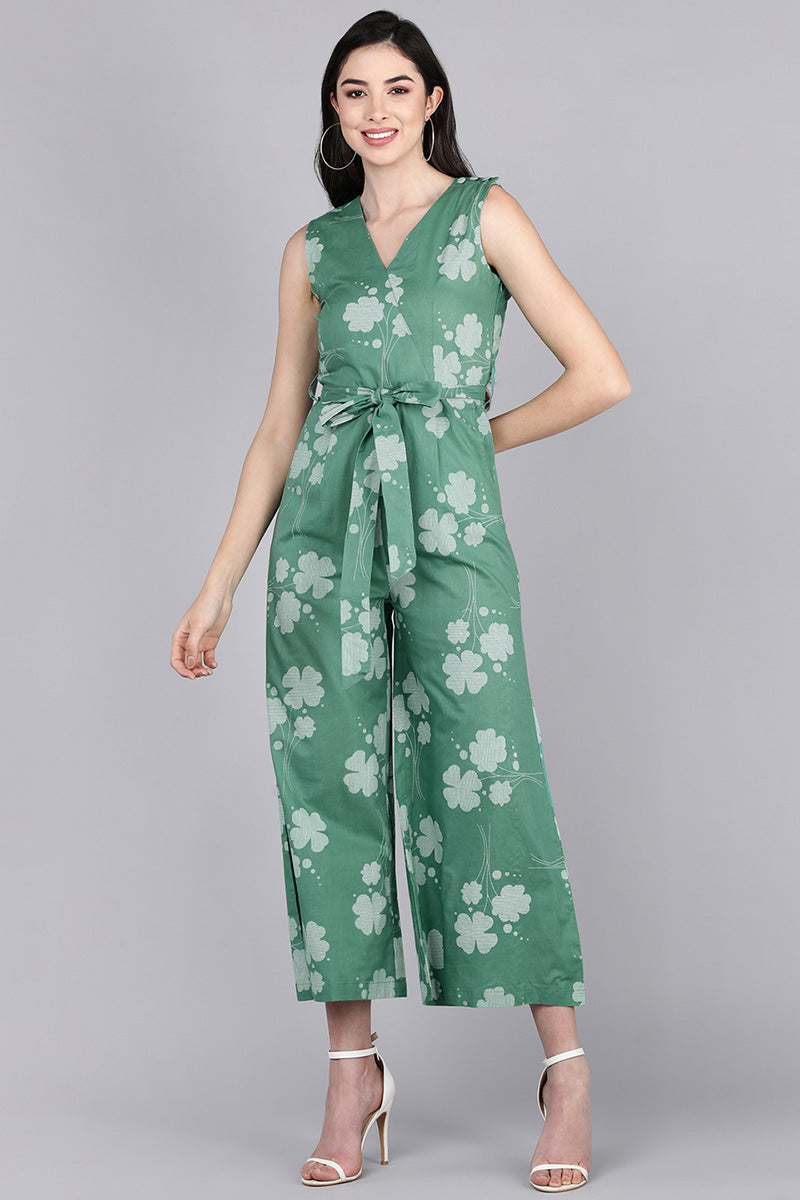 ZERESOUQ-Green-Cotton-Printed-Jumpsuit-with-Grey-Clove-Leaf-Prints