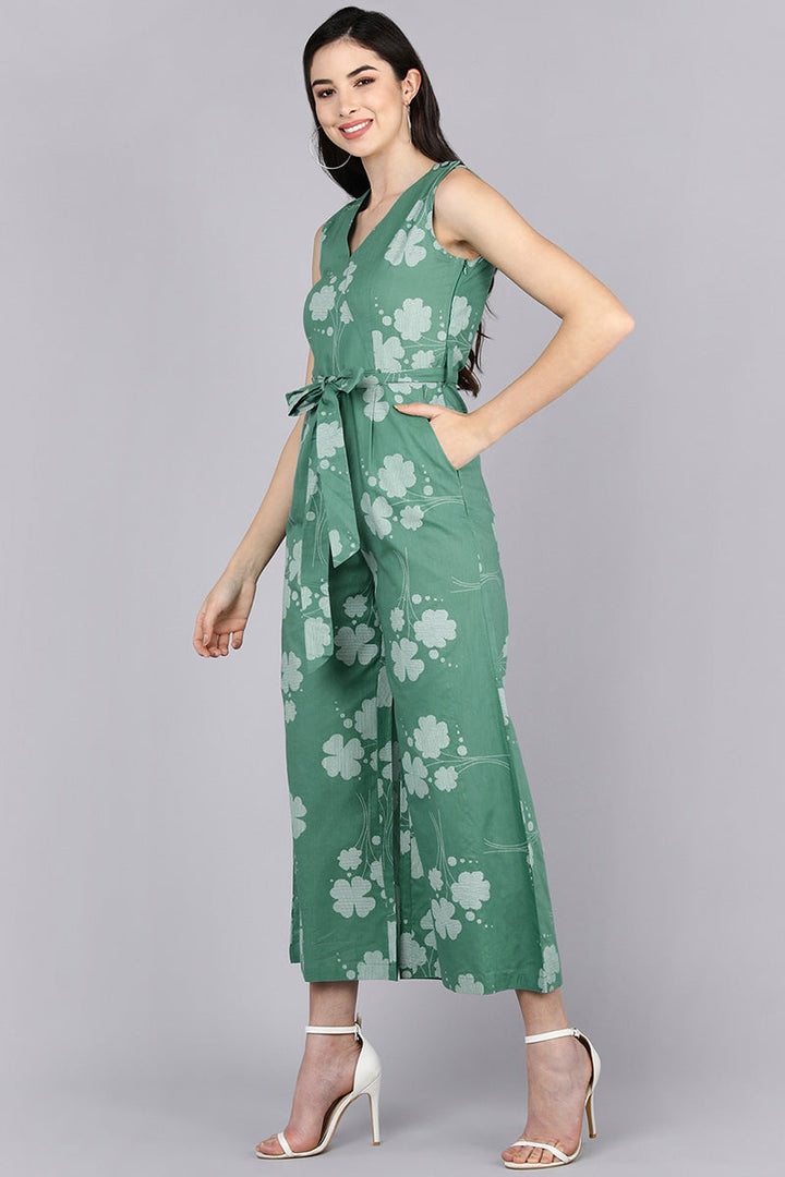 ZERESOUQ-Green-Cotton-Printed-Jumpsuit-with-Grey-Clove-Leaf-Prints