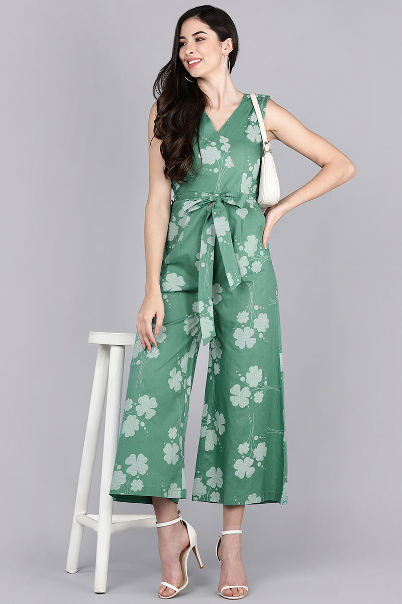 ZERESOUQ-Green-Cotton-Printed-Jumpsuit-with-Grey-Clove-Leaf-Prints