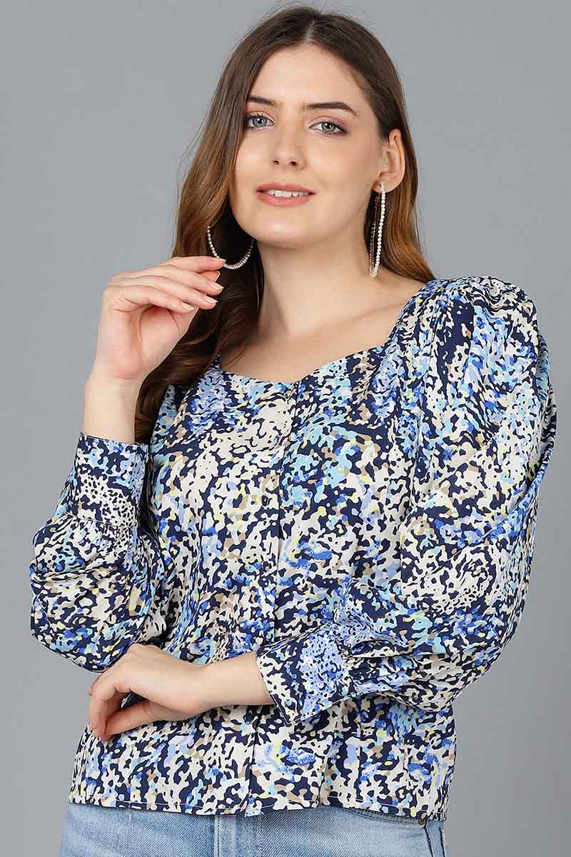 Blue & White Crepe Abstract Printed Puffy Sleeve Crop Shirt