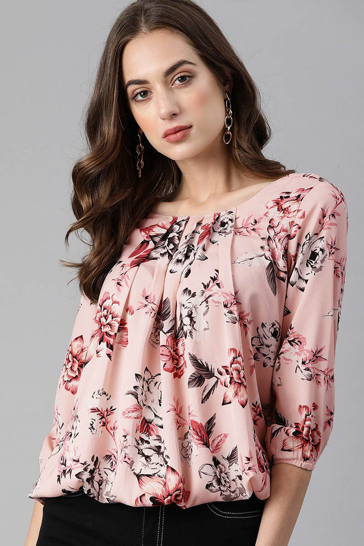 ZERESOUQ-Pink-Georgette-Rose-Printed-Elastic-Waist-Top