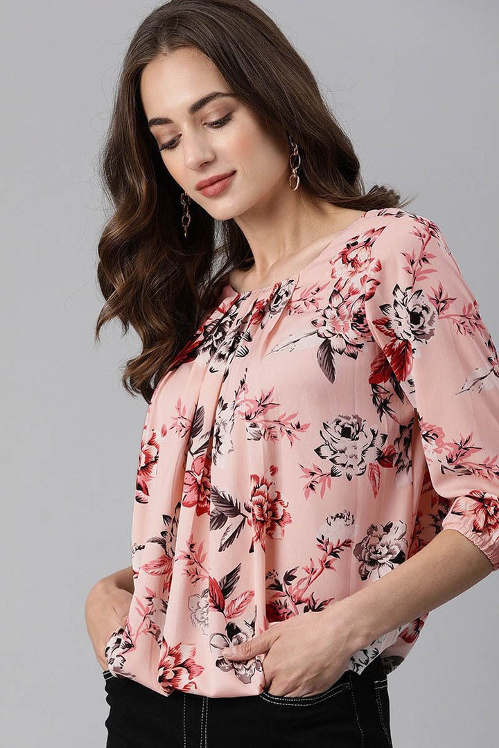 ZERESOUQ-Pink-Georgette-Rose-Printed-Elastic-Waist-Top