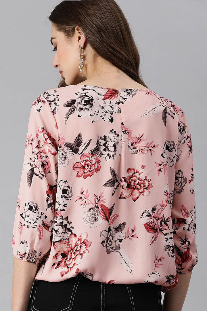 ZERESOUQ-Pink-Georgette-Rose-Printed-Elastic-Waist-Top