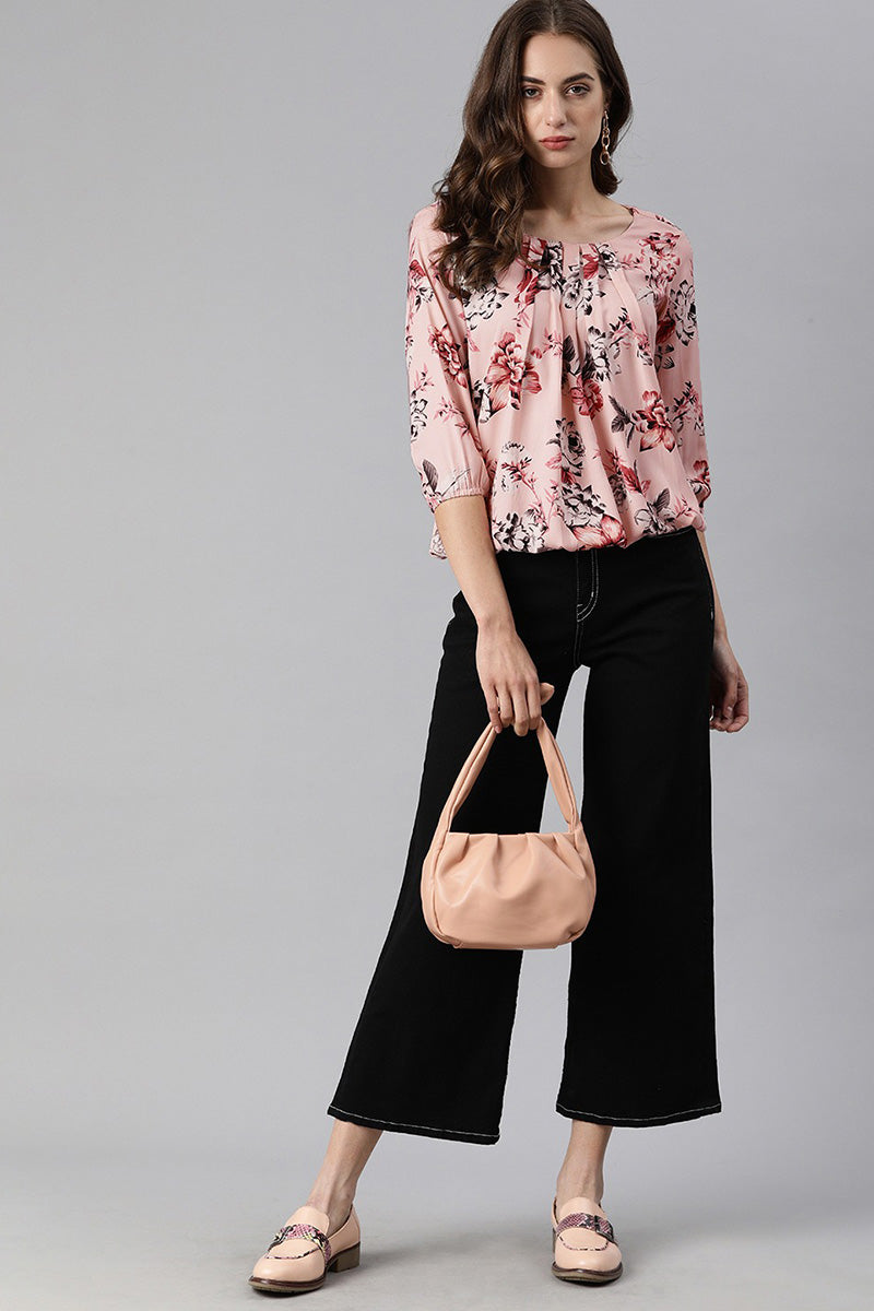 ZERESOUQ-Pink-Georgette-Rose-Printed-Elastic-Waist-Top