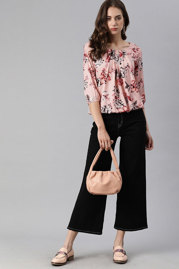 ZERESOUQ-Pink-Georgette-Rose-Printed-Elastic-Waist-Top