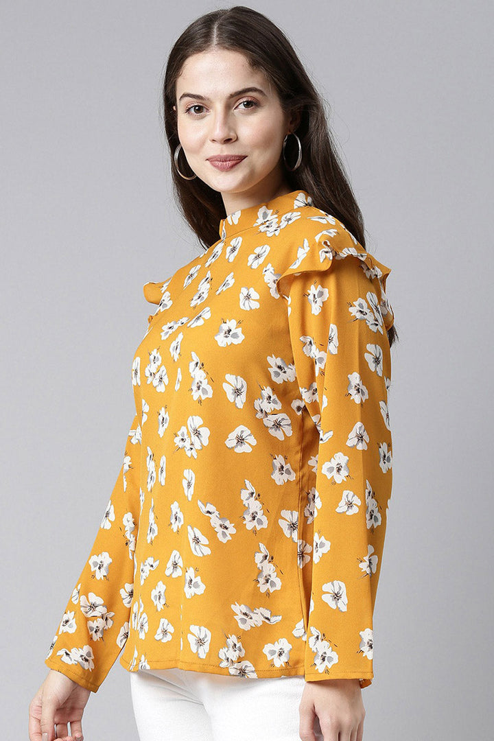 Ochre Yellow Georgette Floral Printed Full-Coverage Top