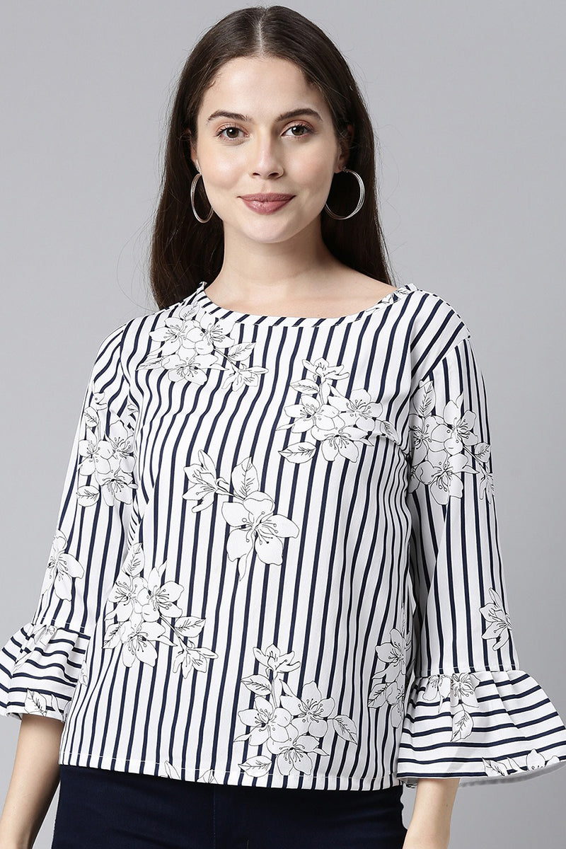 White & Blue Crepe Striped & Floral Printed Top