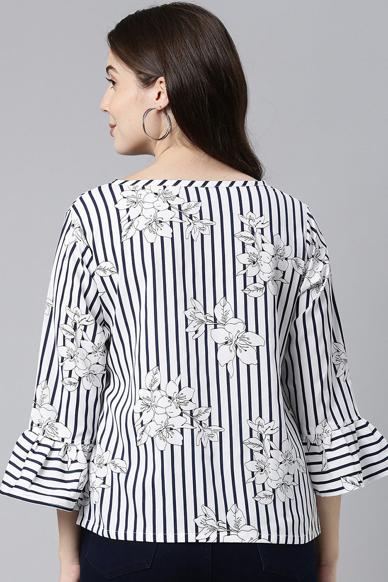 White & Blue Crepe Striped & Floral Printed Top