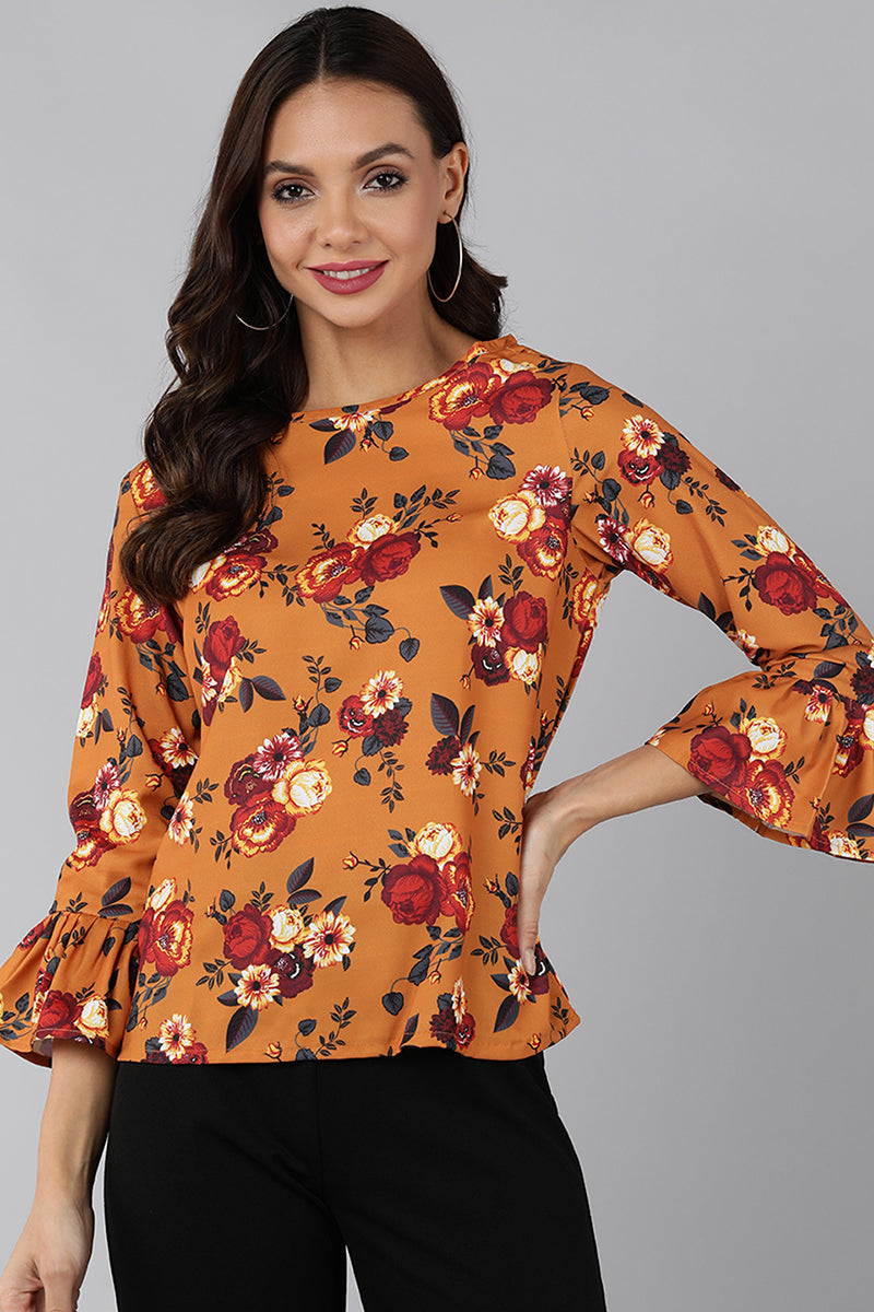 Mustard Polyester Rose Printed Straight Top
