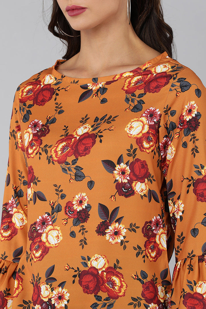 Mustard Polyester Rose Printed Straight Top