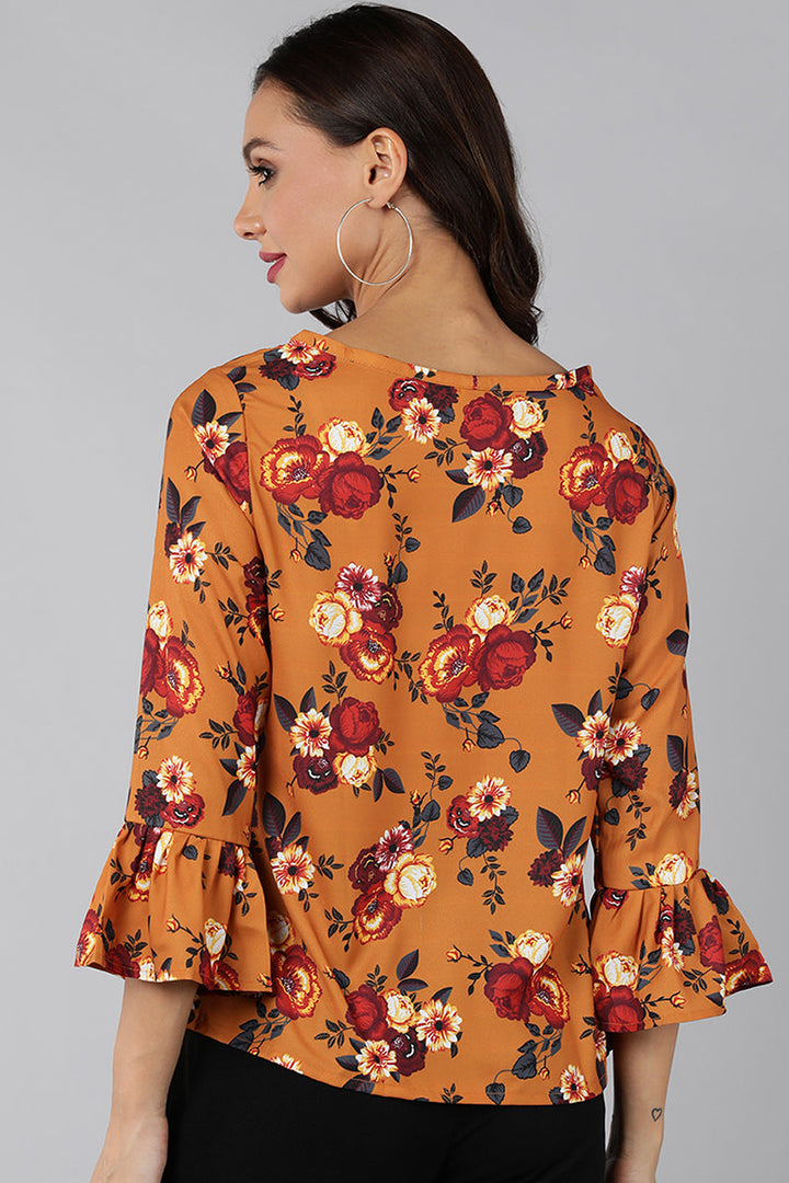 Mustard Polyester Rose Printed Straight Top