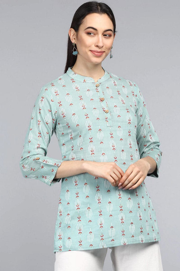 ZERESOUQ-Greyish-Green-Cotton-Floral-Printed-Mandarin-Tunic-Top