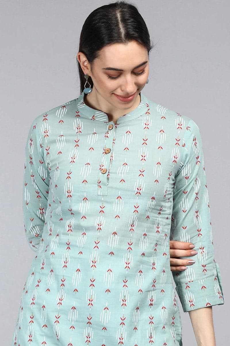 ZERESOUQ-Greyish-Green-Cotton-Floral-Printed-Mandarin-Tunic-Top