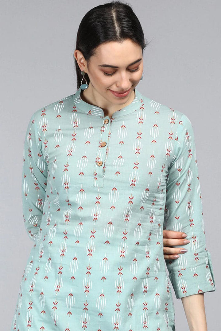ZERESOUQ-Greyish-Green-Cotton-Floral-Printed-Mandarin-Tunic-Top