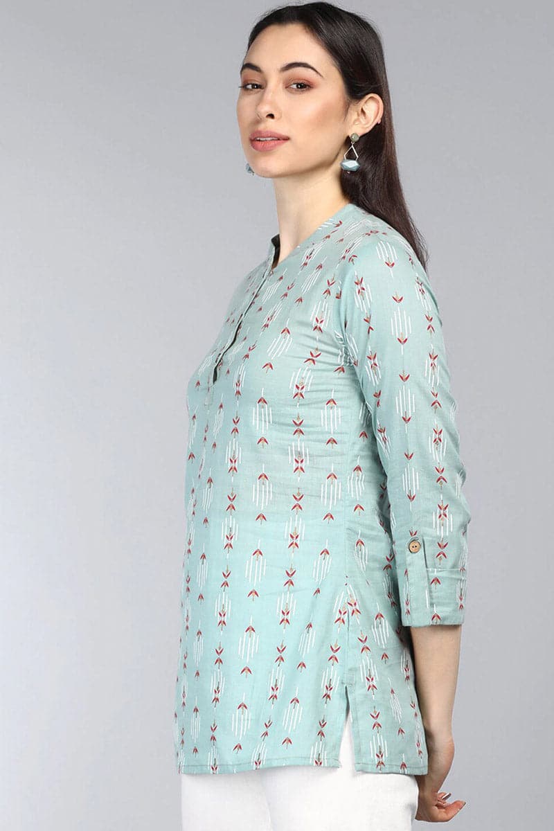 ZERESOUQ-Greyish-Green-Cotton-Floral-Printed-Mandarin-Tunic-Top