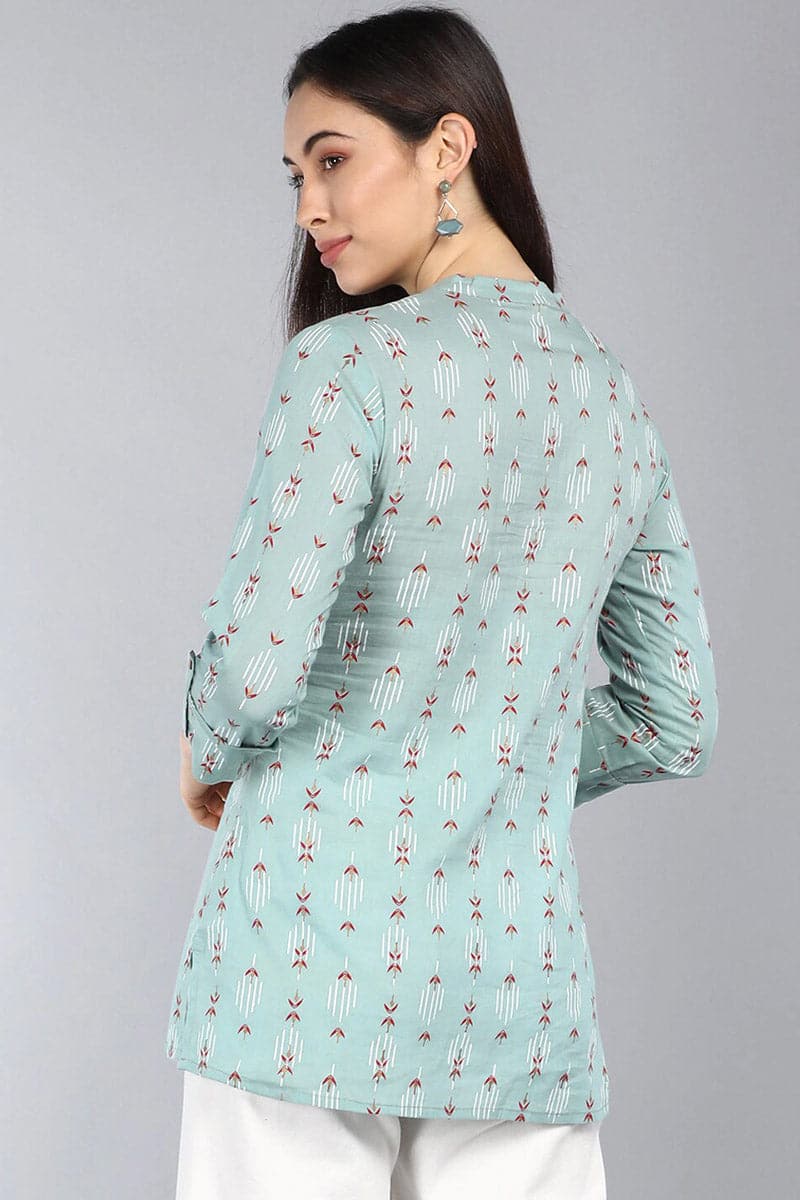 ZERESOUQ-Greyish-Green-Cotton-Floral-Printed-Mandarin-Tunic-Top
