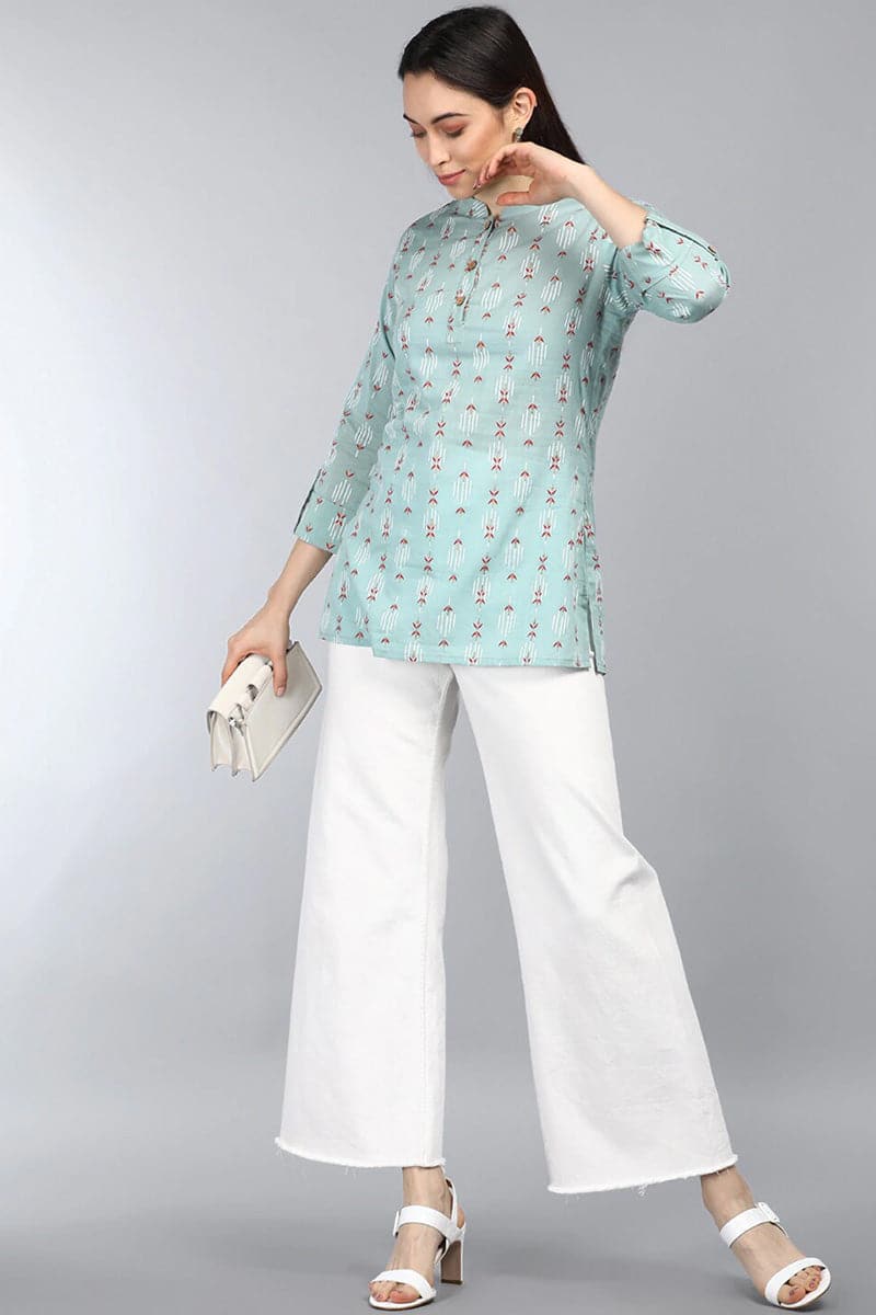 ZERESOUQ-Greyish-Green-Cotton-Floral-Printed-Mandarin-Tunic-Top