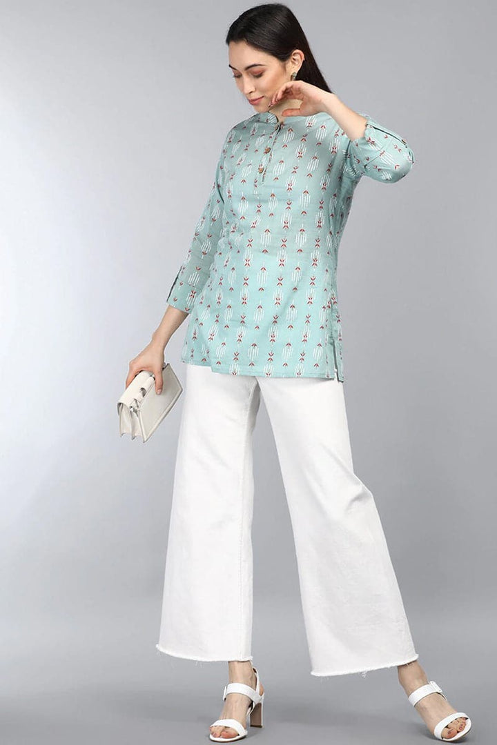 ZERESOUQ-Greyish-Green-Cotton-Floral-Printed-Mandarin-Tunic-Top