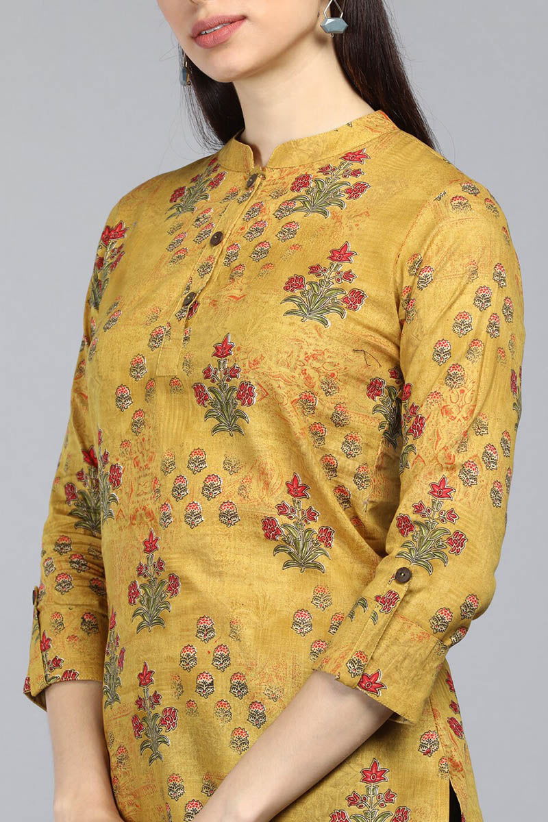 Dark Yellow Cotton Floral Printed Mandarin Tunic Top