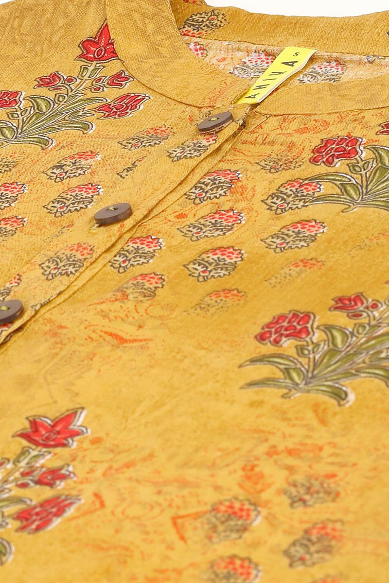 Dark Yellow Cotton Floral Printed Mandarin Tunic Top