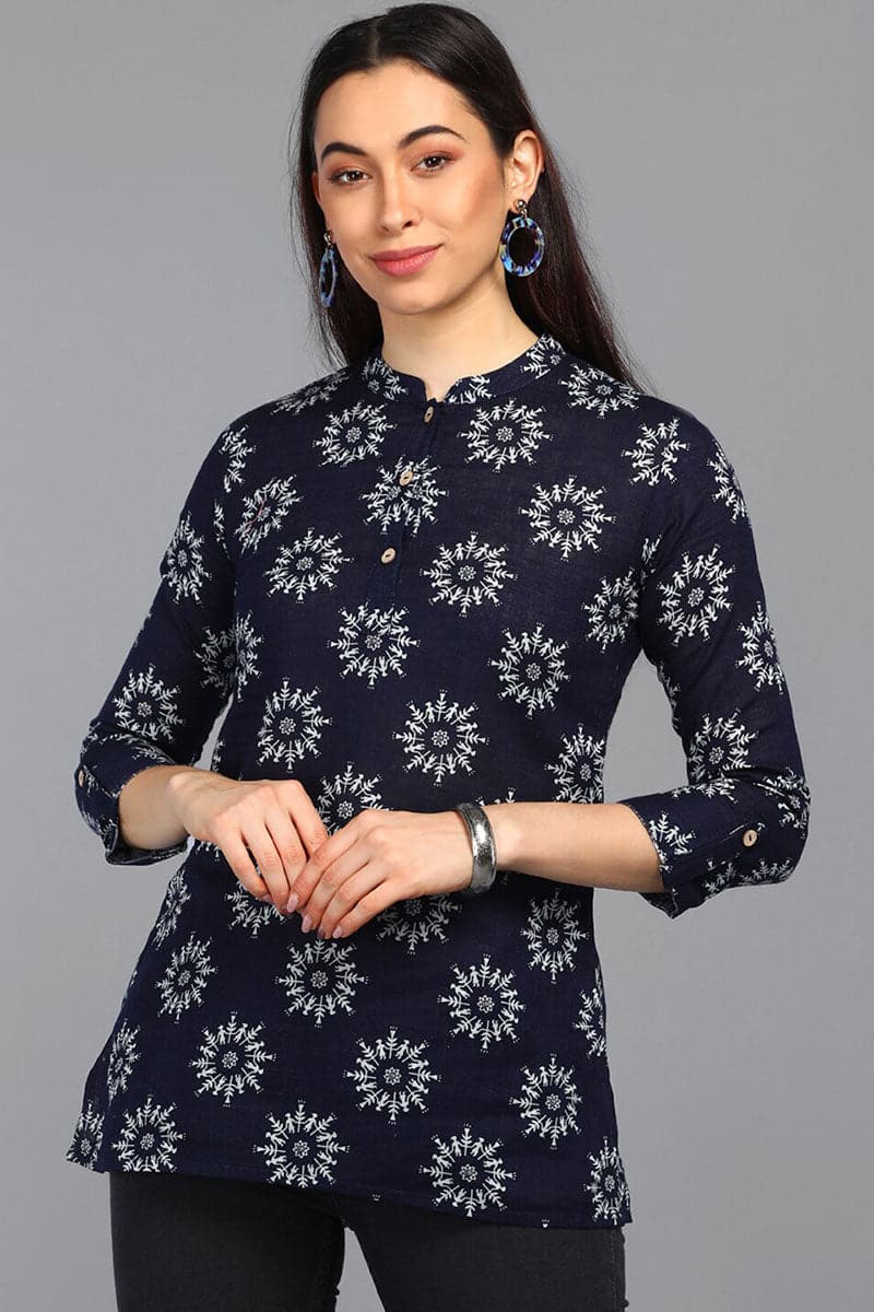 ZERESOUQ-Dark-Blue-Cotton-Floral-Printed-Mandarin-Tunic-Top