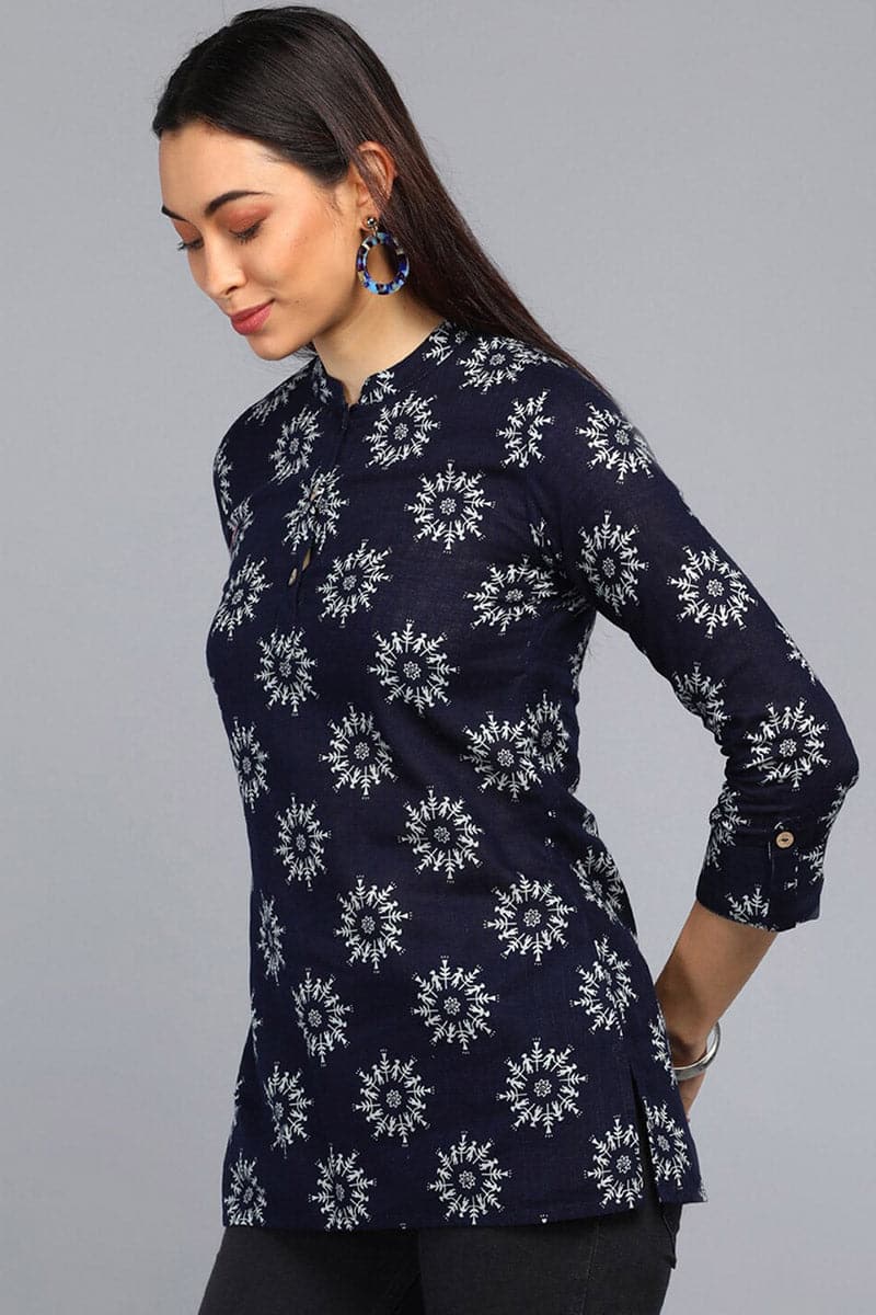 ZERESOUQ-Dark-Blue-Cotton-Floral-Printed-Mandarin-Tunic-Top