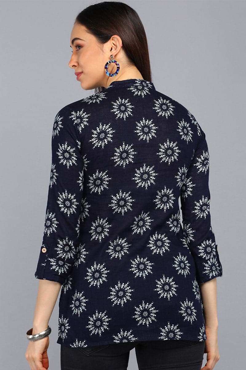 ZERESOUQ-Dark-Blue-Cotton-Floral-Printed-Mandarin-Tunic-Top