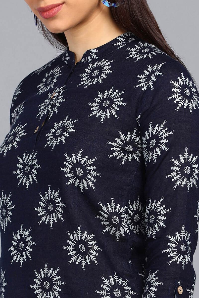 ZERESOUQ-Dark-Blue-Cotton-Floral-Printed-Mandarin-Tunic-Top
