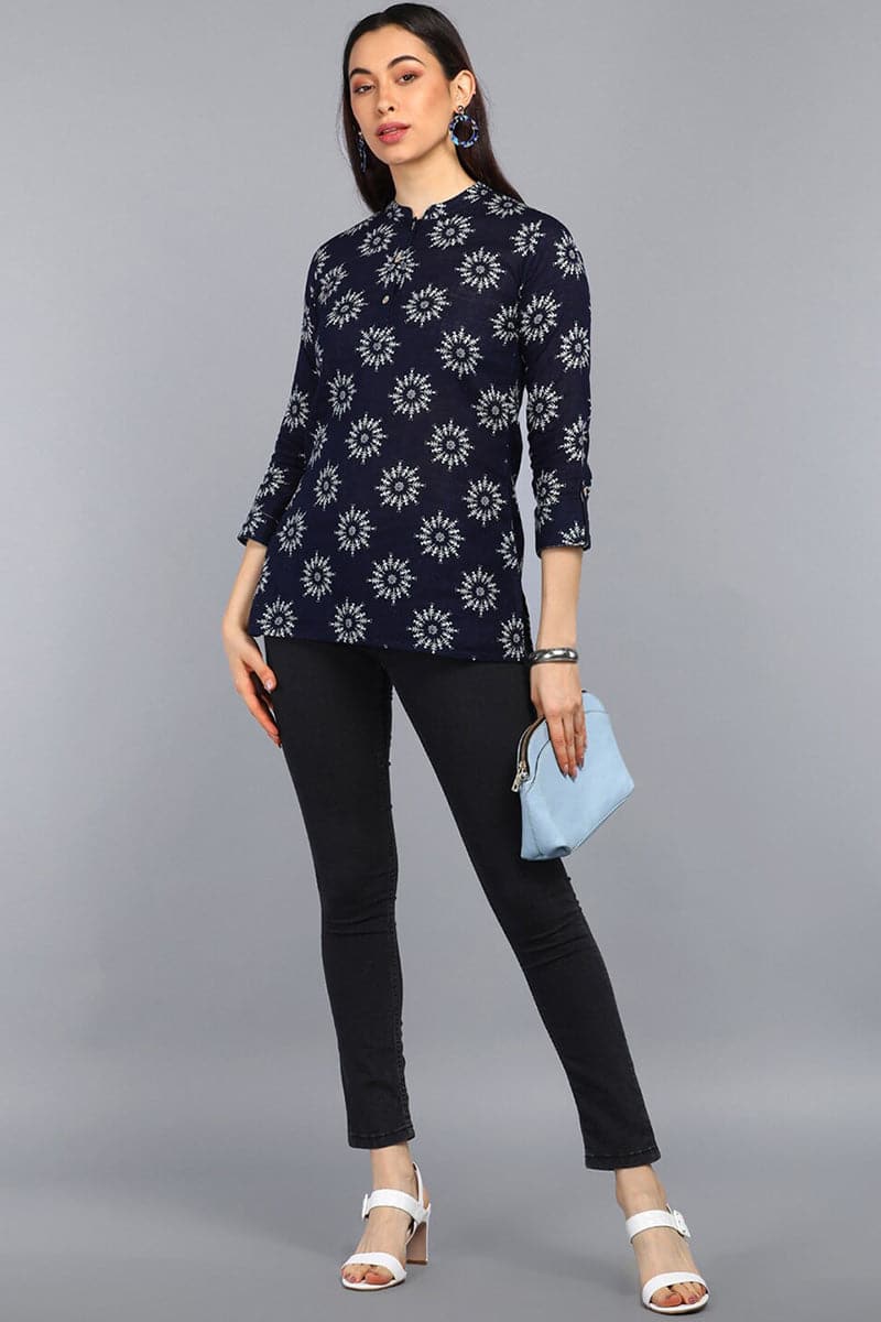 ZERESOUQ-Dark-Blue-Cotton-Floral-Printed-Mandarin-Tunic-Top