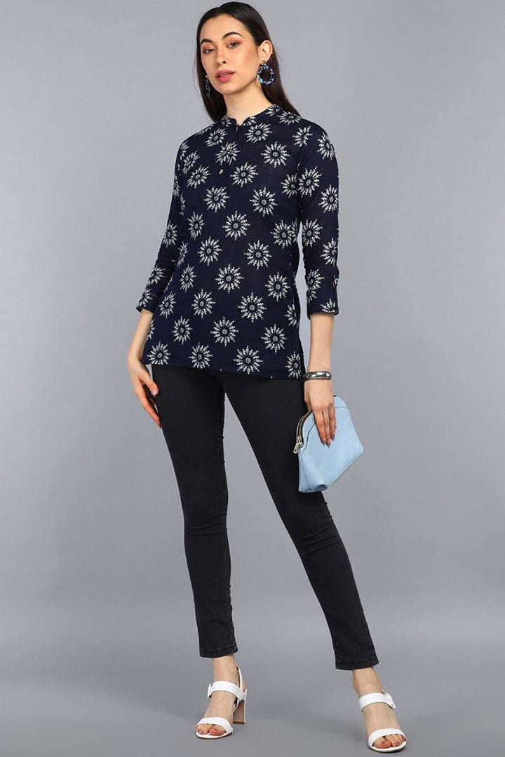 ZERESOUQ-Dark-Blue-Cotton-Floral-Printed-Mandarin-Tunic-Top