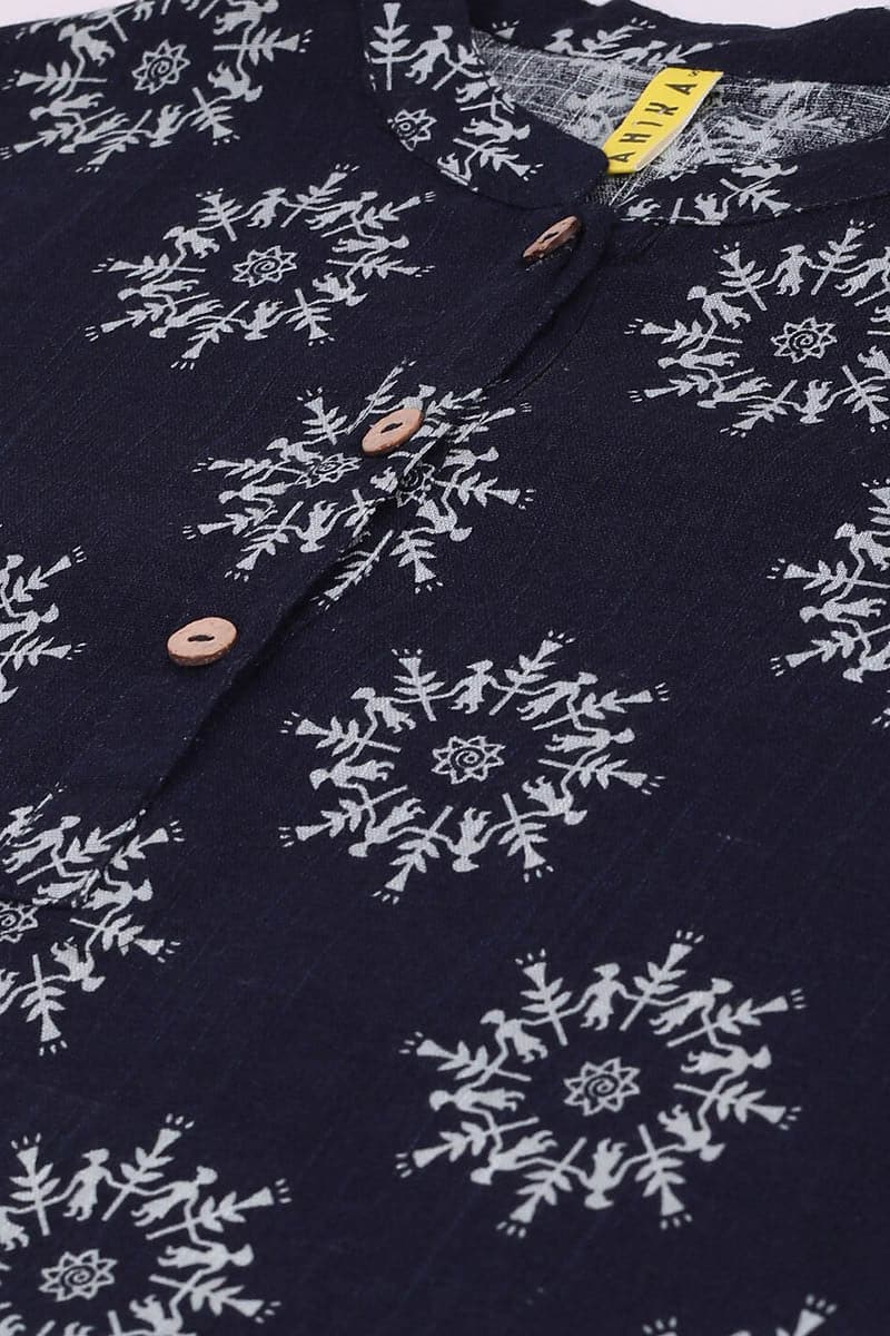 ZERESOUQ-Dark-Blue-Cotton-Floral-Printed-Mandarin-Tunic-Top