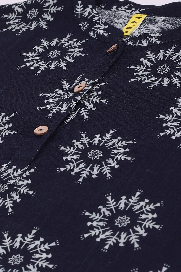 ZERESOUQ-Dark-Blue-Cotton-Floral-Printed-Mandarin-Tunic-Top
