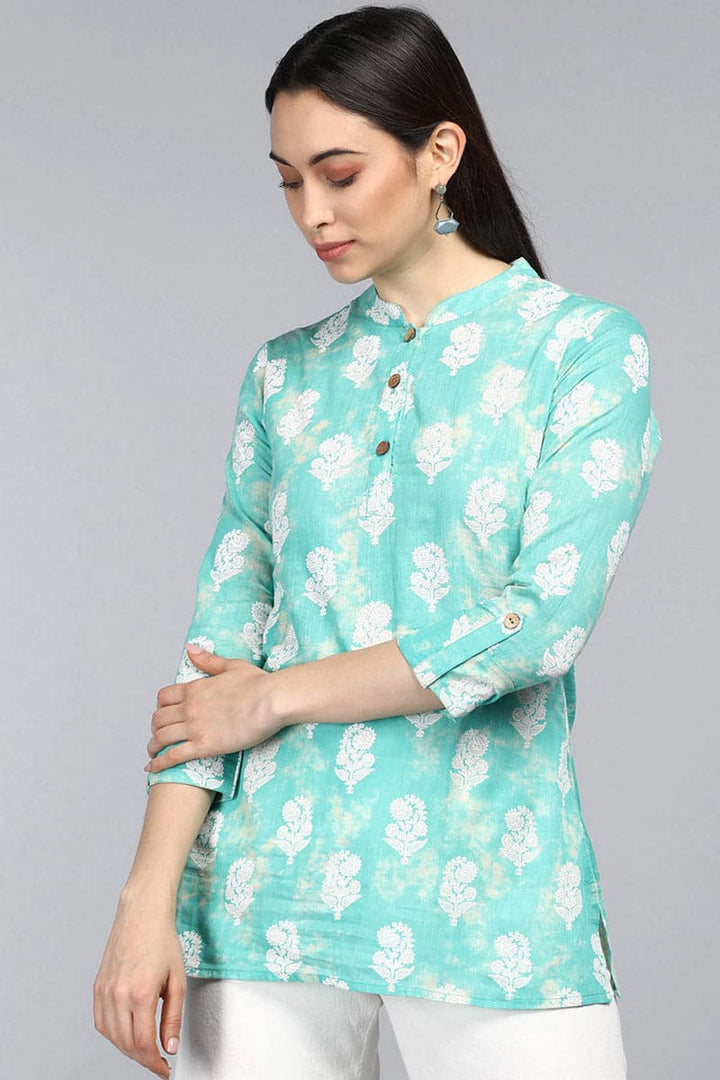 ZERESOUQ-Sea-Green-Cotton-Floral-Printed-Mandarin-Tunic-Top