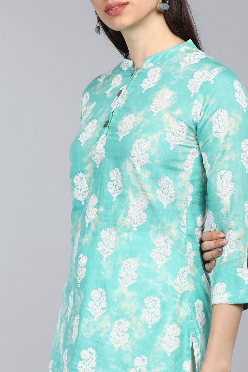 ZERESOUQ-Sea-Green-Cotton-Floral-Printed-Mandarin-Tunic-Top