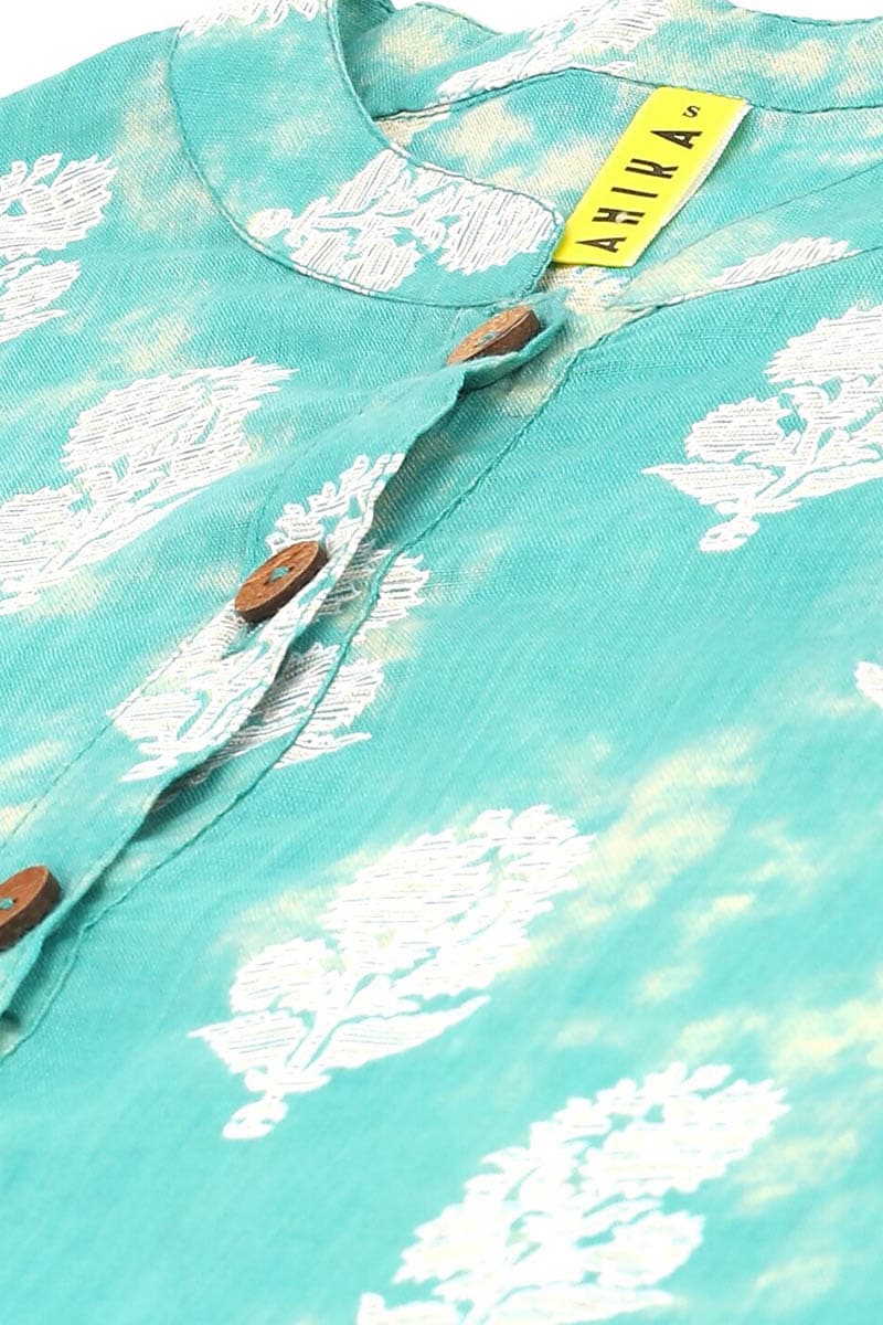 ZERESOUQ-Sea-Green-Cotton-Floral-Printed-Mandarin-Tunic-Top