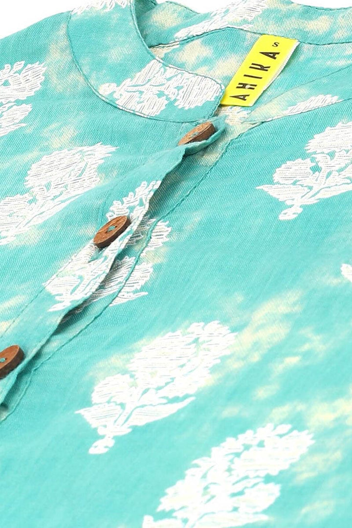 ZERESOUQ-Sea-Green-Cotton-Floral-Printed-Mandarin-Tunic-Top