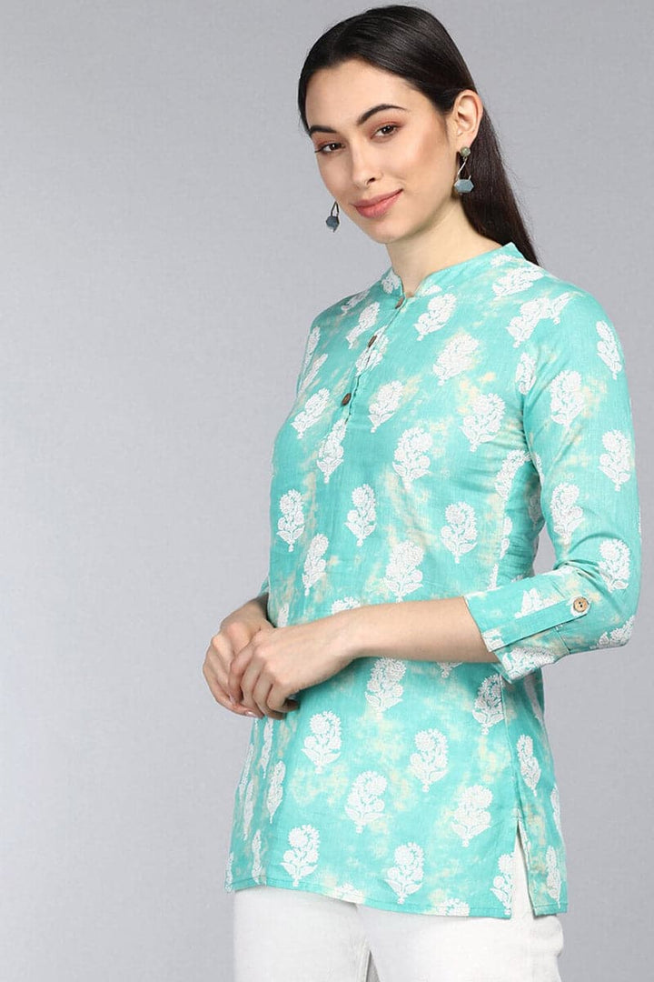ZERESOUQ-Sea-Green-Cotton-Floral-Printed-Mandarin-Tunic-Top