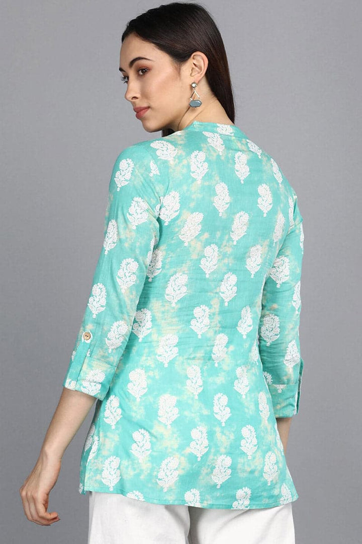 ZERESOUQ-Sea-Green-Cotton-Floral-Printed-Mandarin-Tunic-Top