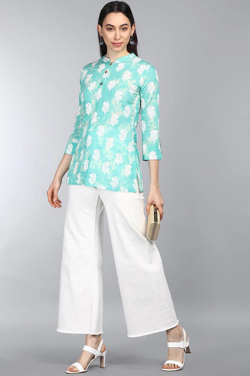 ZERESOUQ-Sea-Green-Cotton-Floral-Printed-Mandarin-Tunic-Top