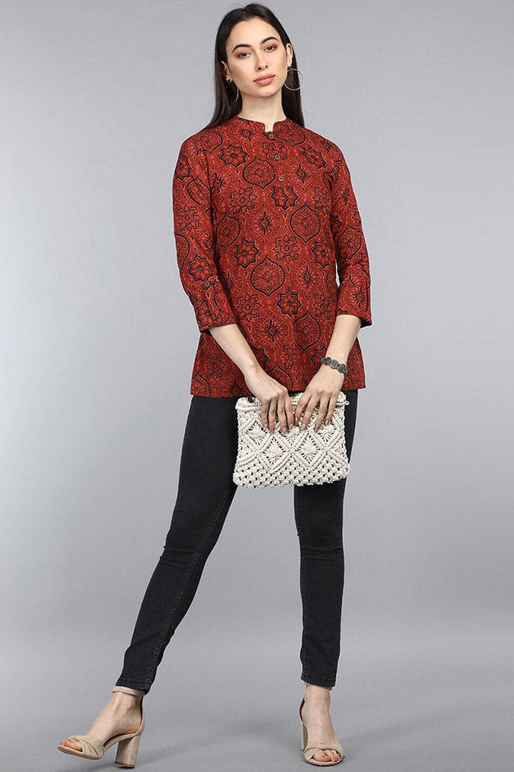 ZERESOUQ-Red-Cotton-Ethnic-Motifs-Printed-Mandarin-Tunic-Top