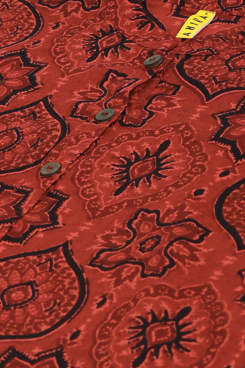 ZERESOUQ-Red-Cotton-Ethnic-Motifs-Printed-Mandarin-Tunic-Top