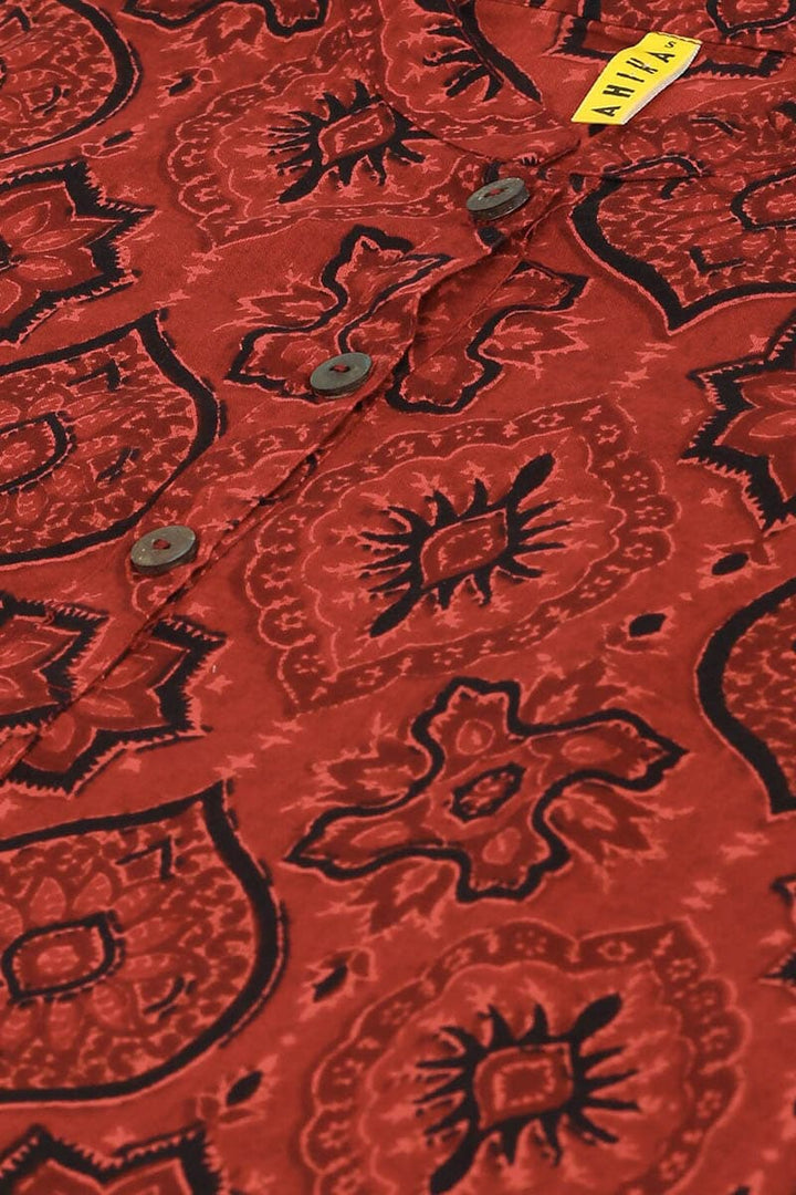 ZERESOUQ-Red-Cotton-Ethnic-Motifs-Printed-Mandarin-Tunic-Top