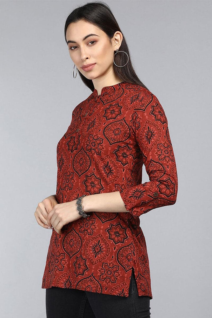 ZERESOUQ-Red-Cotton-Ethnic-Motifs-Printed-Mandarin-Tunic-Top