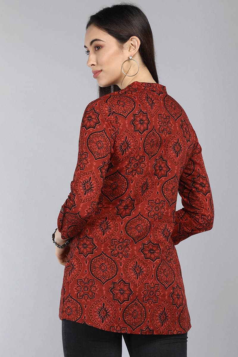 ZERESOUQ-Red-Cotton-Ethnic-Motifs-Printed-Mandarin-Tunic-Top
