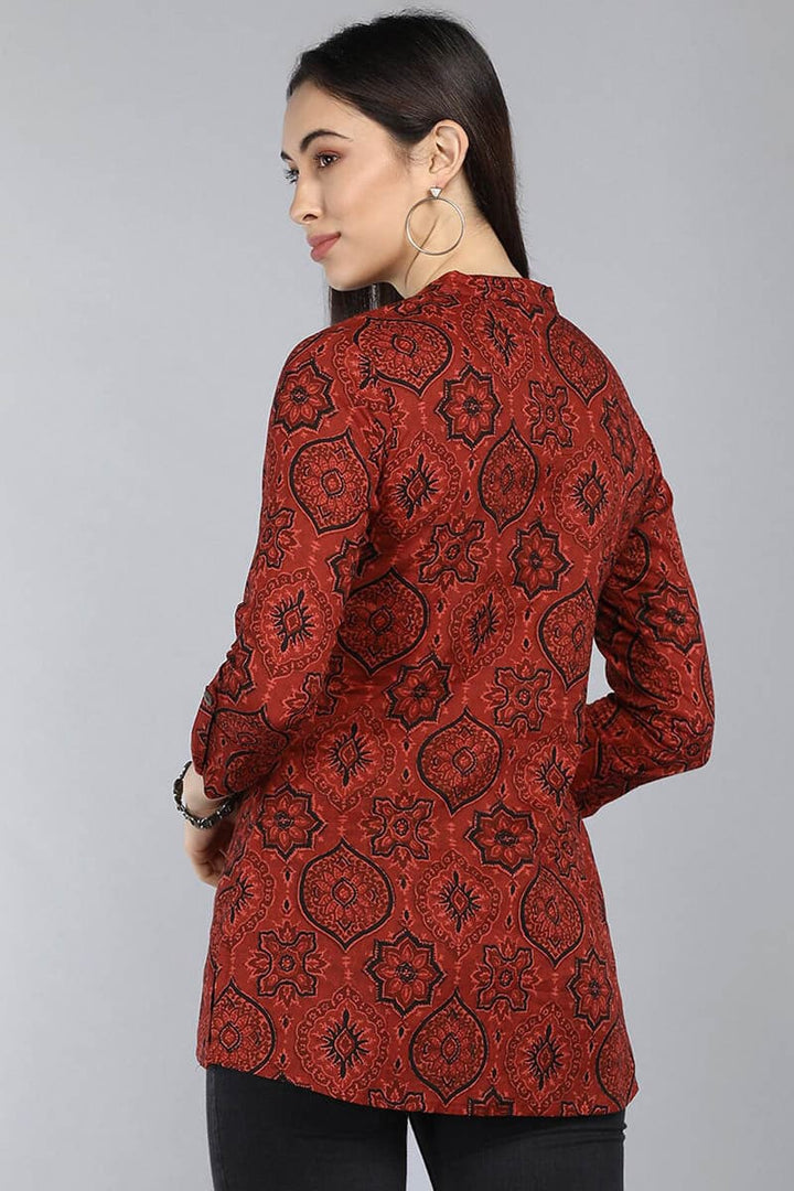 ZERESOUQ-Red-Cotton-Ethnic-Motifs-Printed-Mandarin-Tunic-Top